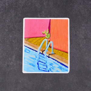 May include: A sticker featuring a hand-drawn illustration of a swimming pool with a ladder, a cactus plant, and a pink and orange wall.