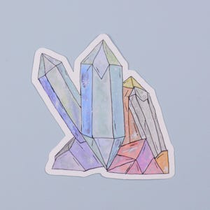 May include: A cluster of colorful crystals with a watercolor effect. The crystals are in shades of blue, green, purple, orange, and pink. The crystals are drawn with a white outline and have a sparkly effect.