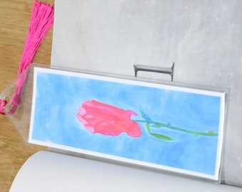 Watercolor abstract rose bookmark, original artwork page holder with tassel, book accessory