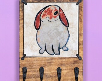 Perky Bunny Rabbit Wooden Key Rack Holder for Wall with Interchangeable Ceramic Art Tiles, Entryway Organizer, Solid Wood Rack with Hooks