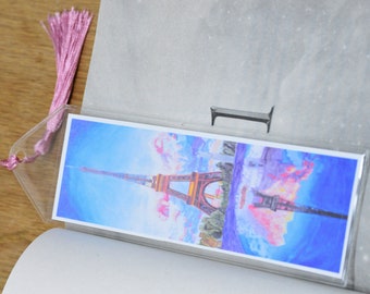 Eiffel Tower watercolor landscape bookmark, original artwork page holder with tassel, book accessory