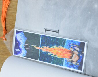 Campfire at the lakeshore landscape bookmark, original artwork page holder with tassel, book accessory