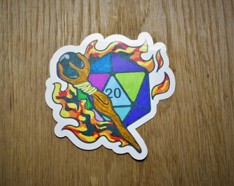 May include: A colorful 20-sided die with a wooden staff, set against a background of flames.