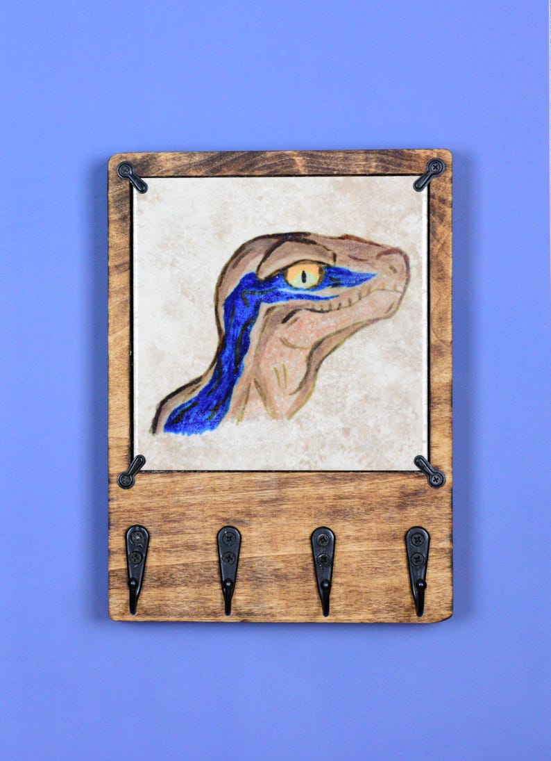 Dinosaur Key Rack Velociraptor Dinosaur Wooden Key Rack Holder With Changeable Art Tiles ...