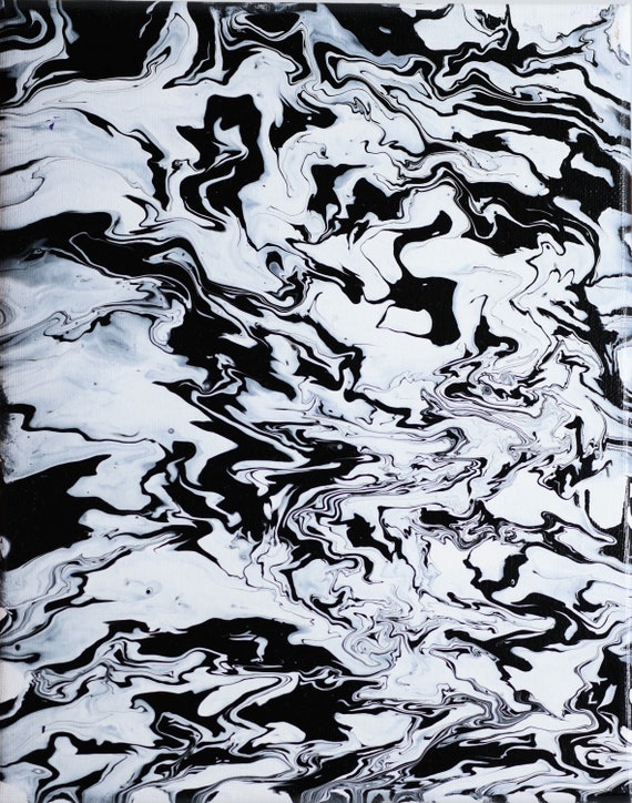 Abstract Black and White Acrylic Paint Pour on Canvas Painting 