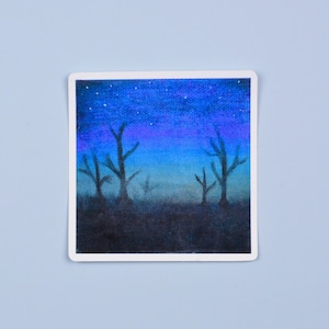 May include: A hand-painted watercolor illustration of a night sky with a dark blue and purple gradient. The sky is filled with small white stars. Silhouettes of bare trees are in the foreground.
