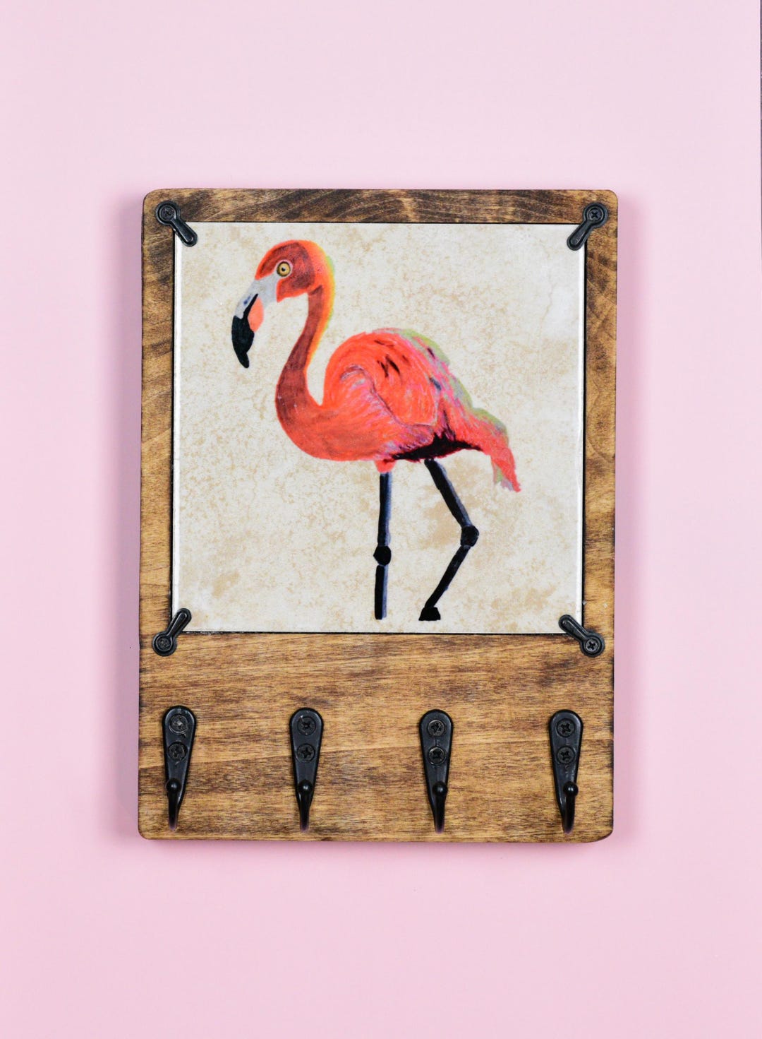 Gentle Flamingo Wooden Key Rack Holder for Wall With Changeable Ceramic ...
