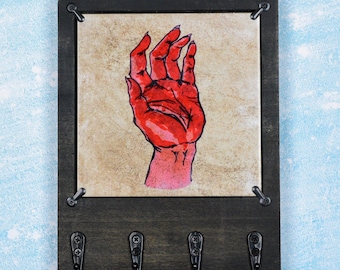 Bloody Palm Wooden Key Rack Holder for Wall with Changeable Ceramic Art Tile, Hallway Foyer Entryway Organizer, Solid Wood with 4 Hooks
