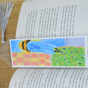 Ghost Gardener in a sun hat painting bookmark, creepy spirit page holder with tassel, spooky Halloween book accessory