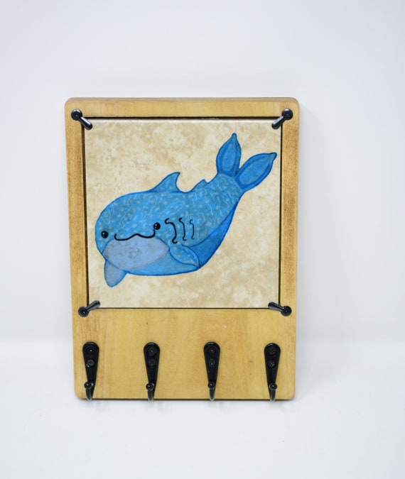 Happy Blue Whale Shark Wooden Key Rack for Wall with Changeable Ceramic  Art, Entryway Organizer, Solid Wood Rack with Hooks, Key Holder