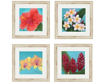 Hawaiian Decor, Botanical Print Set of 4, Floral, Teal, Tropical Wall Decor, Coastal Decor, Beach Wall Art, Orchid, Hibiscus, Plumeria