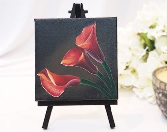 Calla Lily Original Painting, Small Acrylic Painting, Anniversary Gift, Canvas Art, Floral, Flower Art with Easel