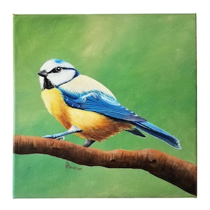 Blue Titmouse Bird Art, Original Acrylic Painting on canvas, Farmhouse Wall Decor, Gallery Wall Collection, Forest Animal, Birds, Songbird image 1