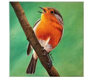Robin Original Painting, Bird Art, Acrylic Painting on canvas, Small Artwork for Farmhouse Decor, Forest Animal Birds, European Robin