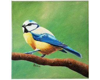 Blue Titmouse Bird Art, Original Acrylic Painting on canvas, Farmhouse Wall Decor, Gallery Wall Collection, Forest Animal, Birds, Songbird