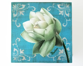 White Lotus Painting, Original acrylic painting on canvas, 8 x 8 in, Floral Wall Decor, Flower art mounted on wood cradle board