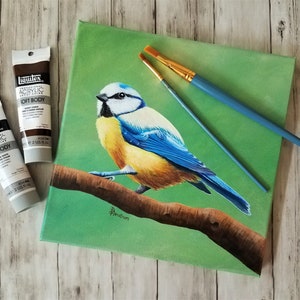 Blue Titmouse Bird Art, Original Acrylic Painting on canvas, Farmhouse Wall Decor, Gallery Wall Collection, Forest Animal, Birds, Songbird image 5