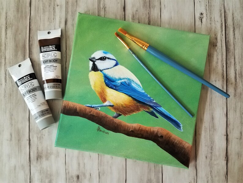 Blue Titmouse Bird Art, Original Acrylic Painting on canvas, Farmhouse Wall Decor, Gallery Wall Collection, Forest Animal, Birds, Songbird image 5
