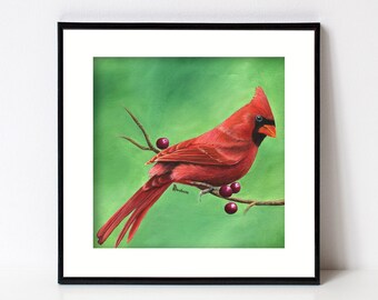 Cardinal Bird Print, Bird Art, Fine Art Giclee, Square Artwork for Farmhouse Decor, Forest Animal, Red Birds, Songbird