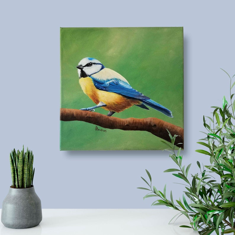 Blue Titmouse Bird Art, Original Acrylic Painting on canvas, Farmhouse Wall Decor, Gallery Wall Collection, Forest Animal, Birds, Songbird image 3