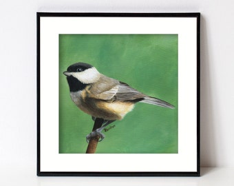 Chickadee Print, Bird Art, Fine Art Giclee, Square Artwork for Farmhouse Decor, Forest Animal, Birds, Songbird