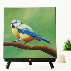 Blue Titmouse Bird Art, Original Acrylic Painting on canvas, Farmhouse Wall Decor, Gallery Wall Collection, Forest Animal, Birds, Songbird image 2