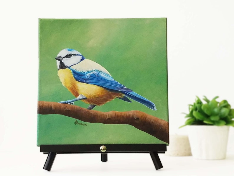 Blue Titmouse Bird Art, Original Acrylic Painting on canvas, Farmhouse Wall Decor, Gallery Wall Collection, Forest Animal, Birds, Songbird image 2