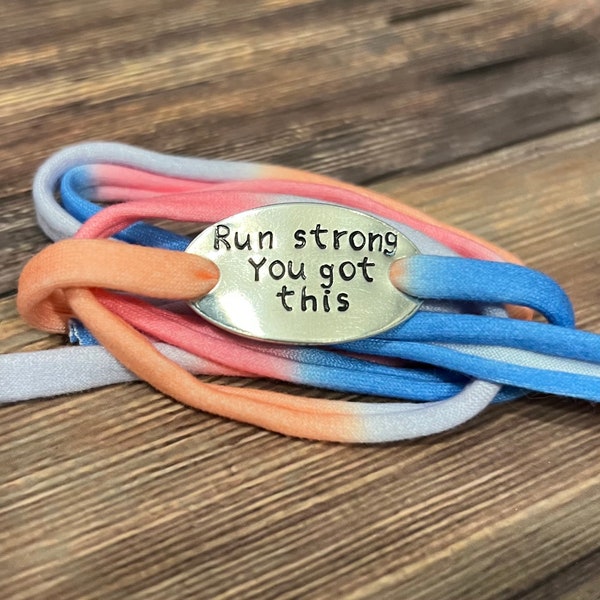 RUN Inspired Motivational Wrap Bracelet. Handstamped made to order bracelet wrapped with t-shirt yarn.