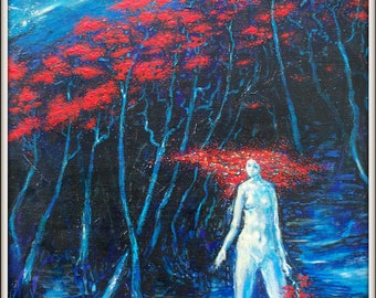 redhead in woods at night (original artwork by Victor L Troutman)