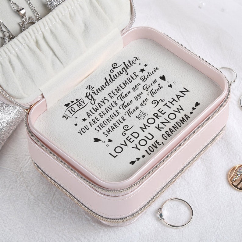 high-quality double zipper portable jewelry box is made from high-quality PU Leather, printed touching message is the best Birthday Gift for granddaughter