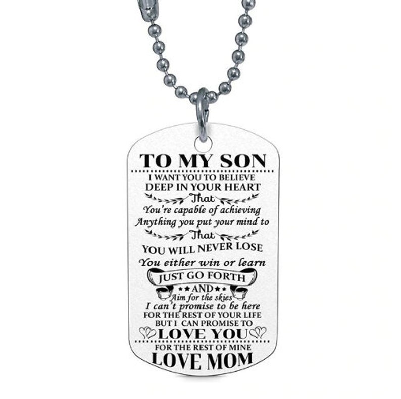To My Son Necklace Gift From Mom Love Message From Mother To Son Dog Tag Necklace Birthday Military Graduation Christmas Son Necklace Gift