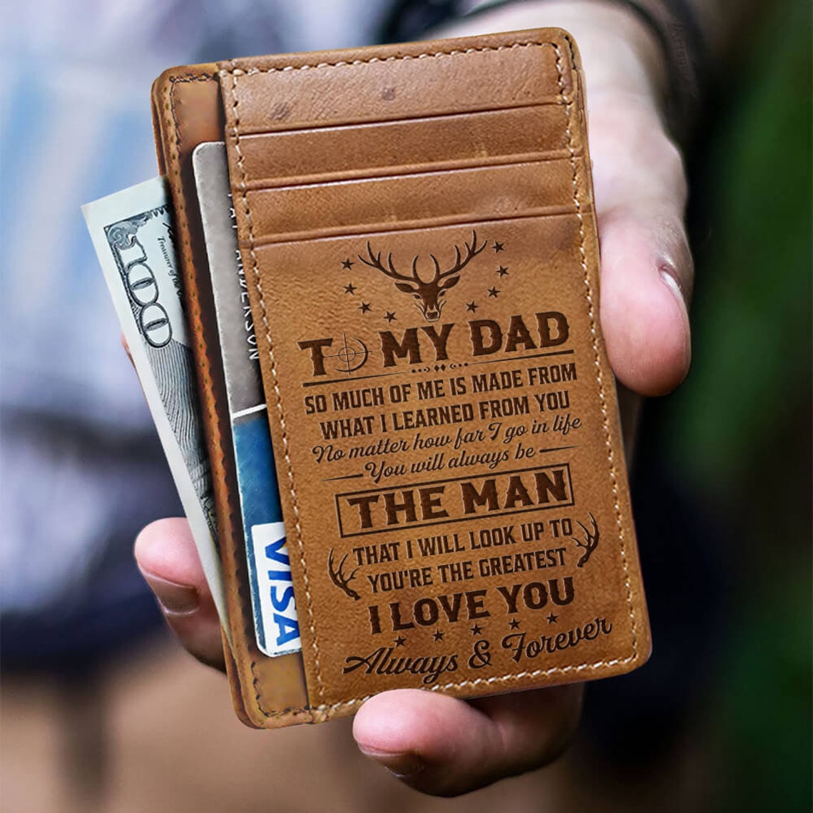 This beautiful high quality wallet is made from genuine leather. It also goes with an engraved message that will last forever and will not fade.