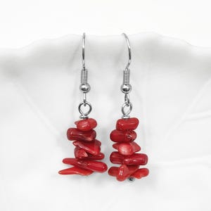 Red Coral Bead Drop Earrings: Hypoallergenic Stainless Steel