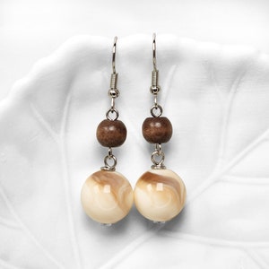 Wood & Cream Bauble Earrings | Up-cycled Earrings | Fashion Earrings