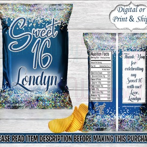 Sweet 16 Chip Bag-Blue Sweet 16 Chip Bag-Chip Bag Labels-Sweet Sixteen Birthday-Sweet 16 Party-Sweet 16 Treat Bag-Sweet 16 Favor Bag