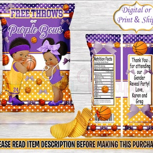 Free Throws or Purple Bows Chip Bag-Free Throws or Purple Bows Gender Reveal Party-Free Throws or Pink Bows Gender Reveal Chip Bag