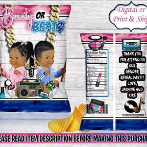 Beauty or Beats Chip Bag-Beauty or Beats Gender Reveal Party-Beauty or Beats Treat Bag-Hip Hop Chip Bag-90&#39;s Chip Bag-80&#39;s Chip Bag