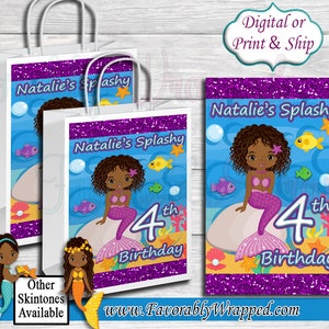 Meerjungfrau Geburtstagsgeschenk Tasche-Meerjungfrau Geschenktasche-Geschenktasche Etiketten-African American-Mermaid Birthday-Mermaid Party-Splish Splash Birthday-Favor Bag