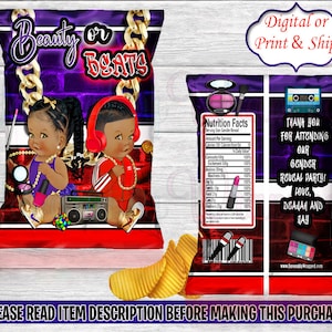 Beauty or Beats Chip Bag-Beauty or Beats Gender Reveal Party-Beauty or Beats Treat Bag-Hip Hop Chip Bag-90&#39;s Chip Bag-80&#39;s Chip Bag