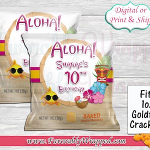 May include: Two printable labels for 1 oz Goldfish cracker bags. The labels are decorated with a tropical theme and feature the text "Aloha!" and "Shanai's 10th Birthday".