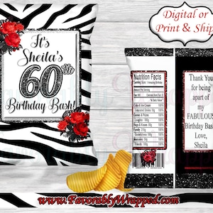 Zebra Print Birthday Chip Bag-Animal Print Chip Bag-Black and White Birthday-Black and White Chip Bag-30th Birthday-40th Birthday
