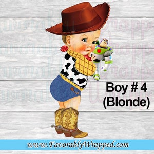 May include: A cartoon illustration of a boy dressed as a cowboy, wearing a brown cowboy hat, a blue denim vest with a yellow and black pattern, and brown cowboy boots. He is holding a toy space ranger action figure. The text "Boy #4 (Blonde)" is below the image.