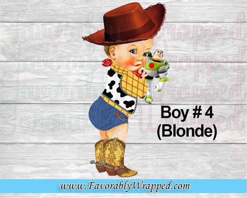 May include: A cartoon illustration of a boy dressed as a cowboy, wearing a brown cowboy hat, a blue denim vest with a yellow and black pattern, and brown cowboy boots. He is holding a toy space ranger action figure. The text "Boy #4 (Blonde)" is below the image.