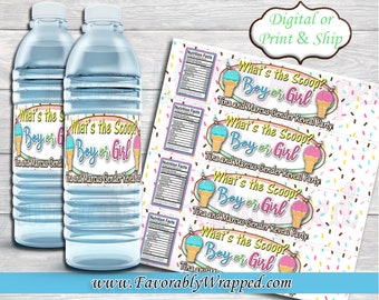 May include: Water bottle labels with a pink and blue ice cream cone design. The labels say "What's the Scoop? Boy or Girl?" and "Tina and Marcus Gender Reveal Party".