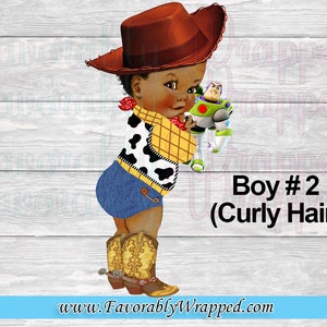 May include: A digital illustration of a young boy dressed as a cowboy. He is wearing a brown cowboy hat, a yellow and black plaid shirt, blue denim shorts, and brown cowboy boots. He is holding a green and white toy robot in his right hand. The background is a woodgrain pattern. The text "Boy #2 (Curly Hair)" is written below the image.