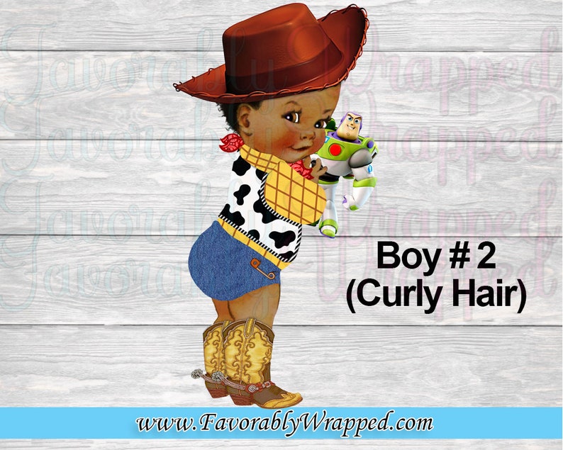May include: A digital illustration of a young boy dressed as a cowboy. He is wearing a brown cowboy hat, a yellow and black plaid shirt, blue denim shorts, and brown cowboy boots. He is holding a green and white toy robot in his right hand. The background is a woodgrain pattern. The text "Boy #2 (Curly Hair)" is written below the image.