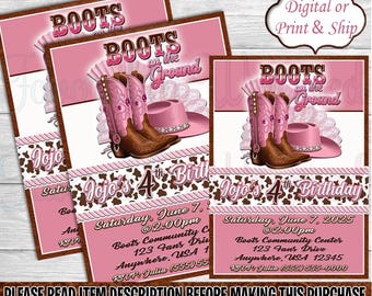 May include: Pink and brown invitation with a cow print pattern. The invitation says "Boots on the Ground" and "Jojo's 4th Birthday". It includes a date, time, and location for a party.