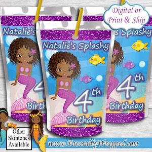 Mermaid Juice Labels-African American Mermaid-Mermaid Birthday-Mermaid Party-Splish Splash Birthday-Juice Label-Fish Juice Label