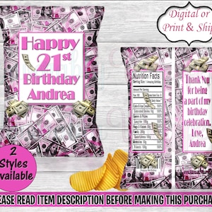 Money Chip Bag-Dollar Bill Chip Bag-Money Birthday-All About the Benjamins Party-Dollar Party Favors-Money Treat Bag-Pink Money Chip Bag