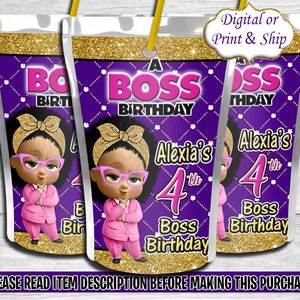 Könnte beinhalten: Lila und goldene Saftbox-Etiketten mit einem Cartoon-Bild eines jungen Mädchens mit Brille und einem rosa Anzug. Der Text auf dem Etikett lautet "A Boss Birthday" und "Alexia's 4th Boss Birthday".